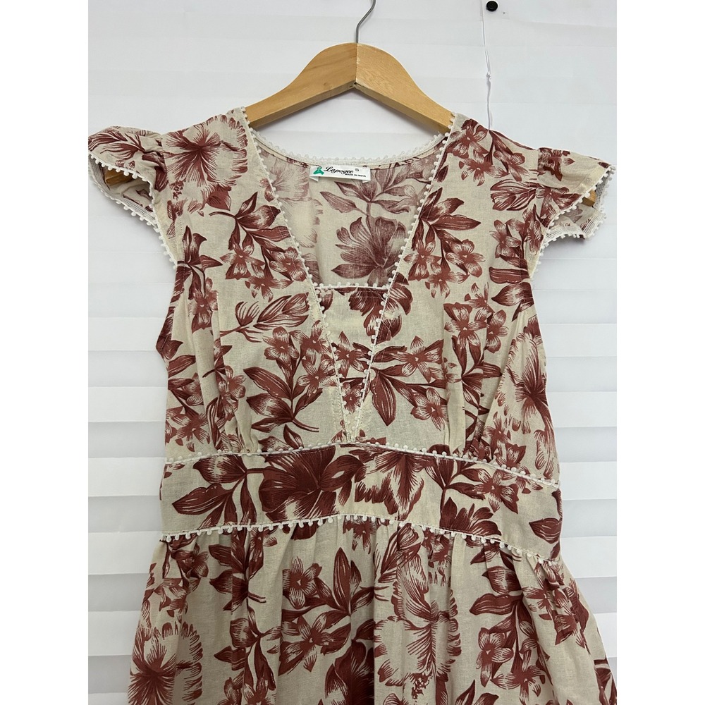 Lapogee Womens Floral Tiered Maxi Dress S Boho VNeck Flutter Sleeve Pom Pom Trim